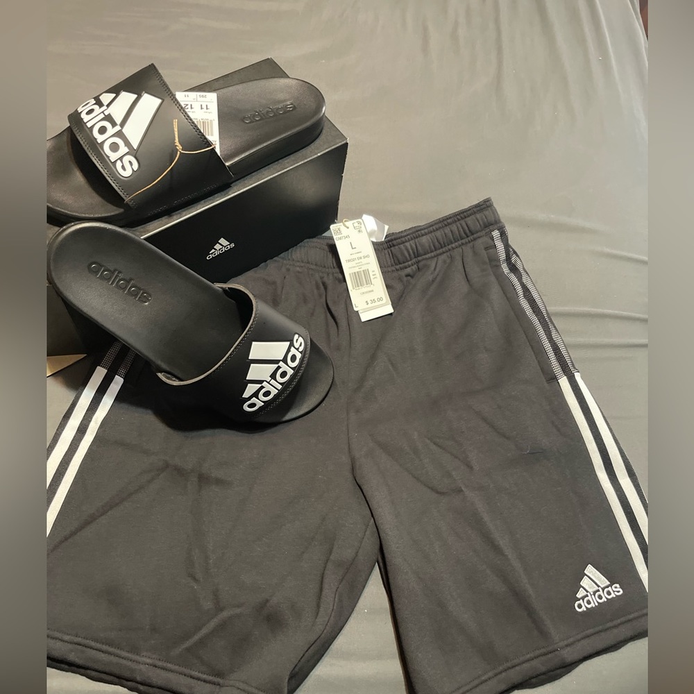 Adidas shorts (Large) and slides (men 11 women 12)
